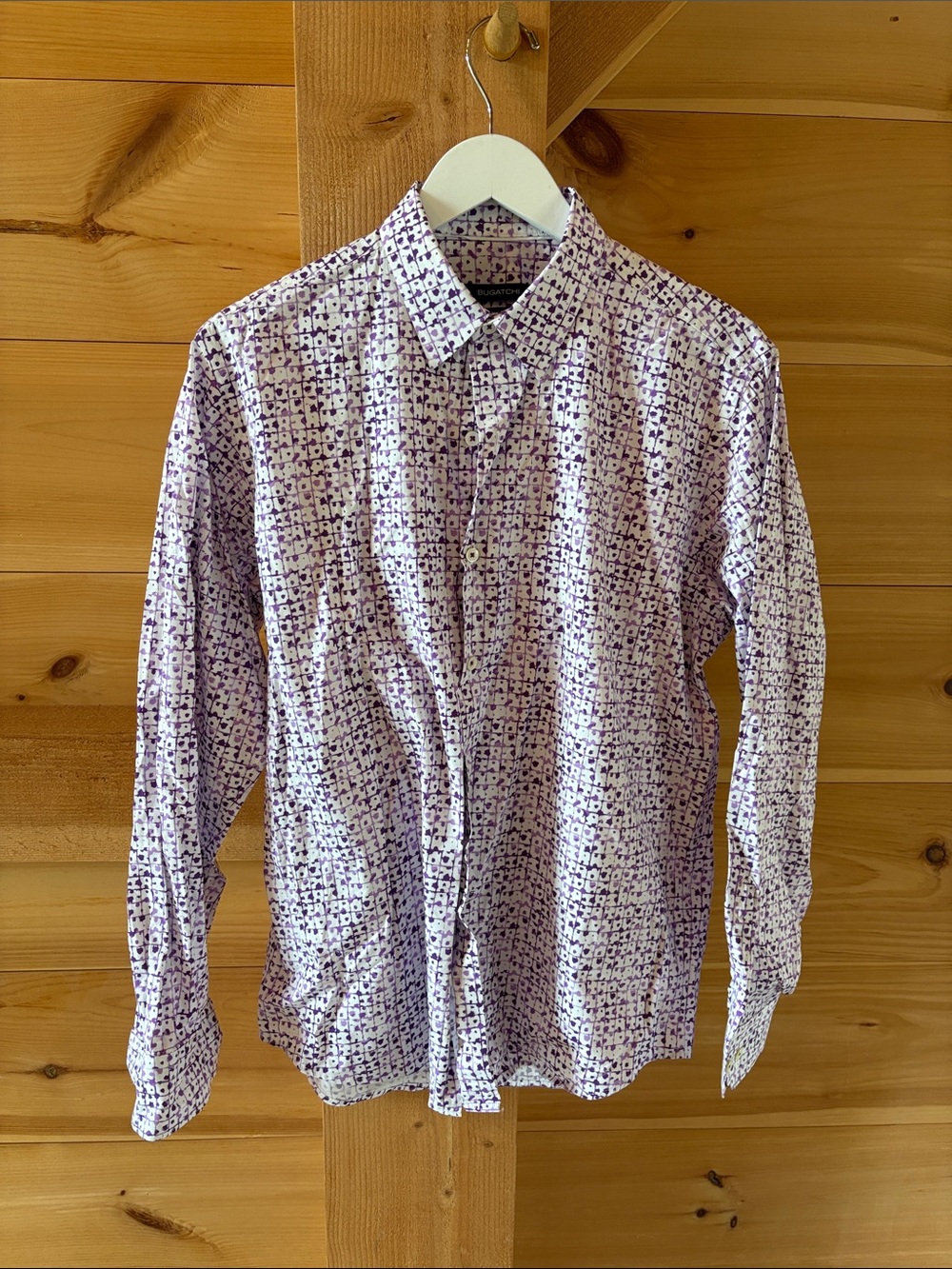 Bugatchi Men's White and Purple Geo-Print Button-Down Shirt